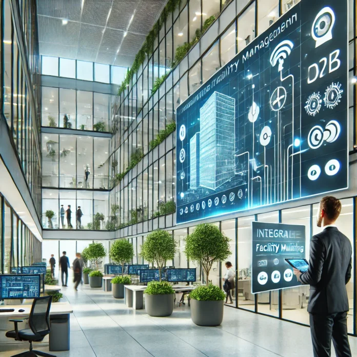 DALL·E 2025-03-21 16.44.12 - A modern office building with integrated facility management in action. The image showcases smart building technology, including automated lighting, e Integrated Facility Management