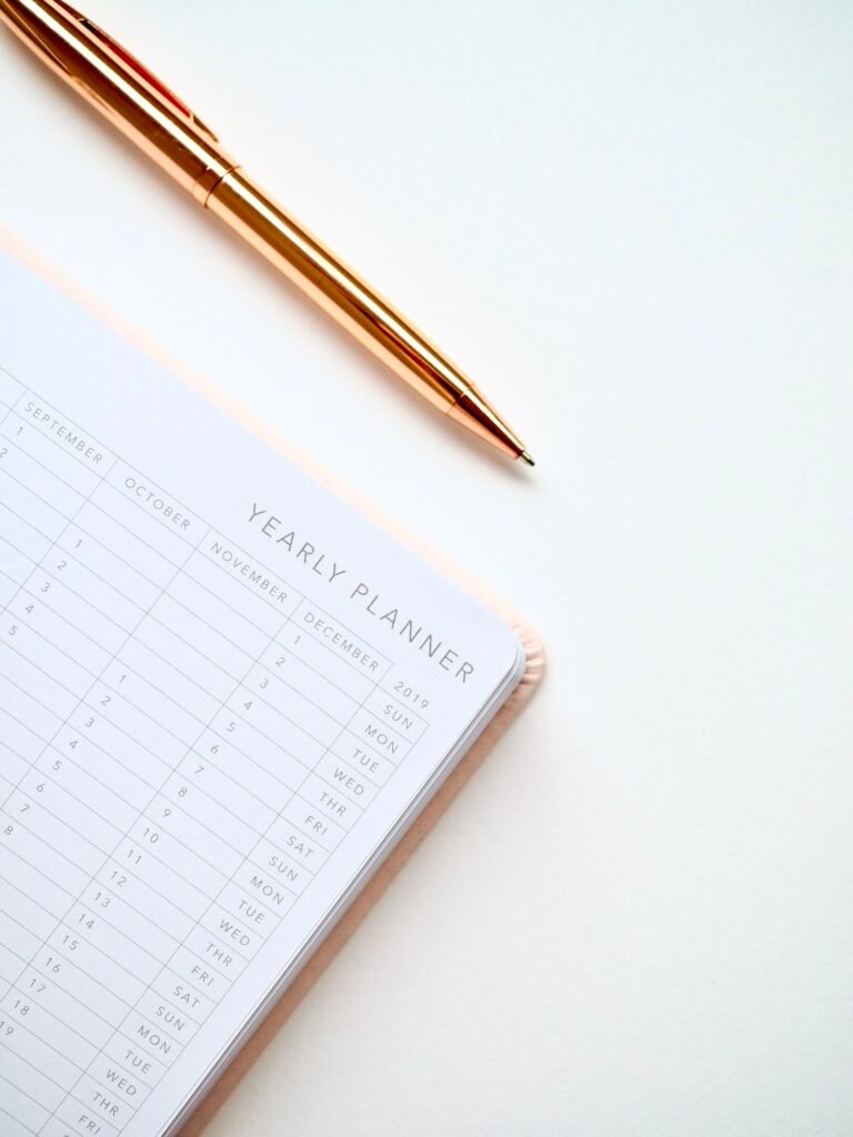 White and black yearly planner notebook
