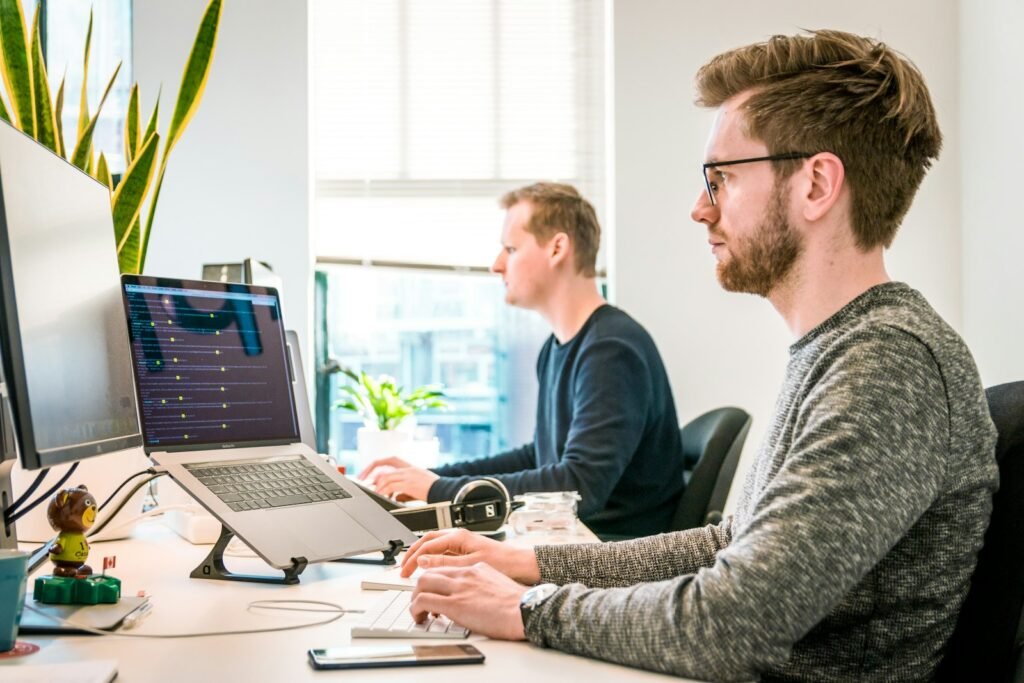 Team working on computers in an office